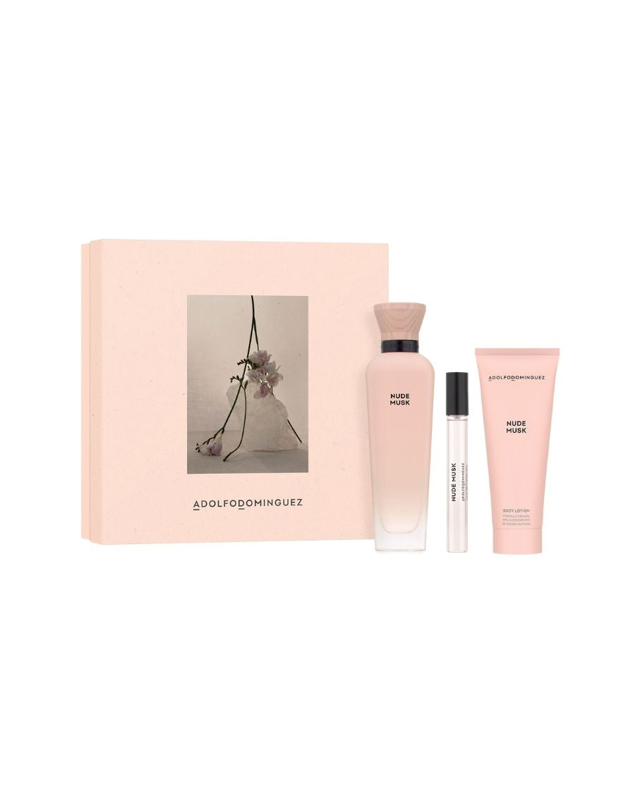 Set Adolfo Dominguez Nude Musk (EDP 120 ml + Loción corporal 75 ml + Mini 10 ml) Mujer