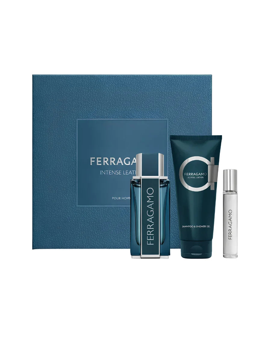 Set Salvatore Ferragamo Intense Leather (perfume 100 ml + mini 15 ml + shampoo & shower gel 100 ml) Hombre
